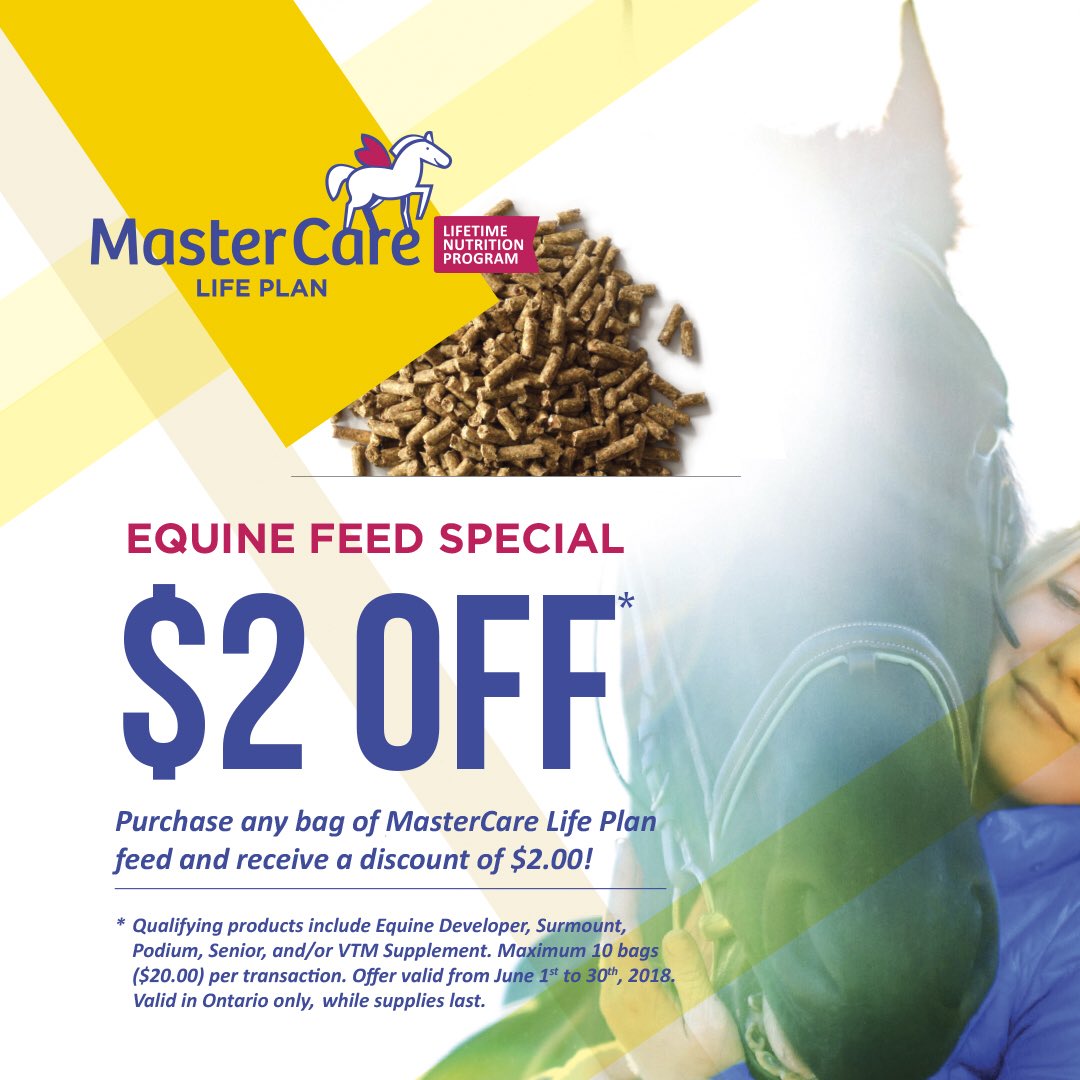 MFeedsEquine's tweet photo. NOW until June 30th, save $2/bag, up to 10 bags per order, on our Senior feed! As your horse ages, their digestive tract needs more support. Our Sr feed will help your older friend stay healthy!
*Valid in Ontario only, while supplies last*
#HappyHorseHappyLife #mastercare https://t.co/tGD69HFpB6