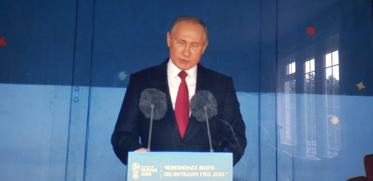 nataliap1129's tweet photo. Off to an amazing start... Robbie Williams flicked the entire world and Putin wore a furry bra #WorldCupRussia2018 https://t.co/JhAU2Tdqck