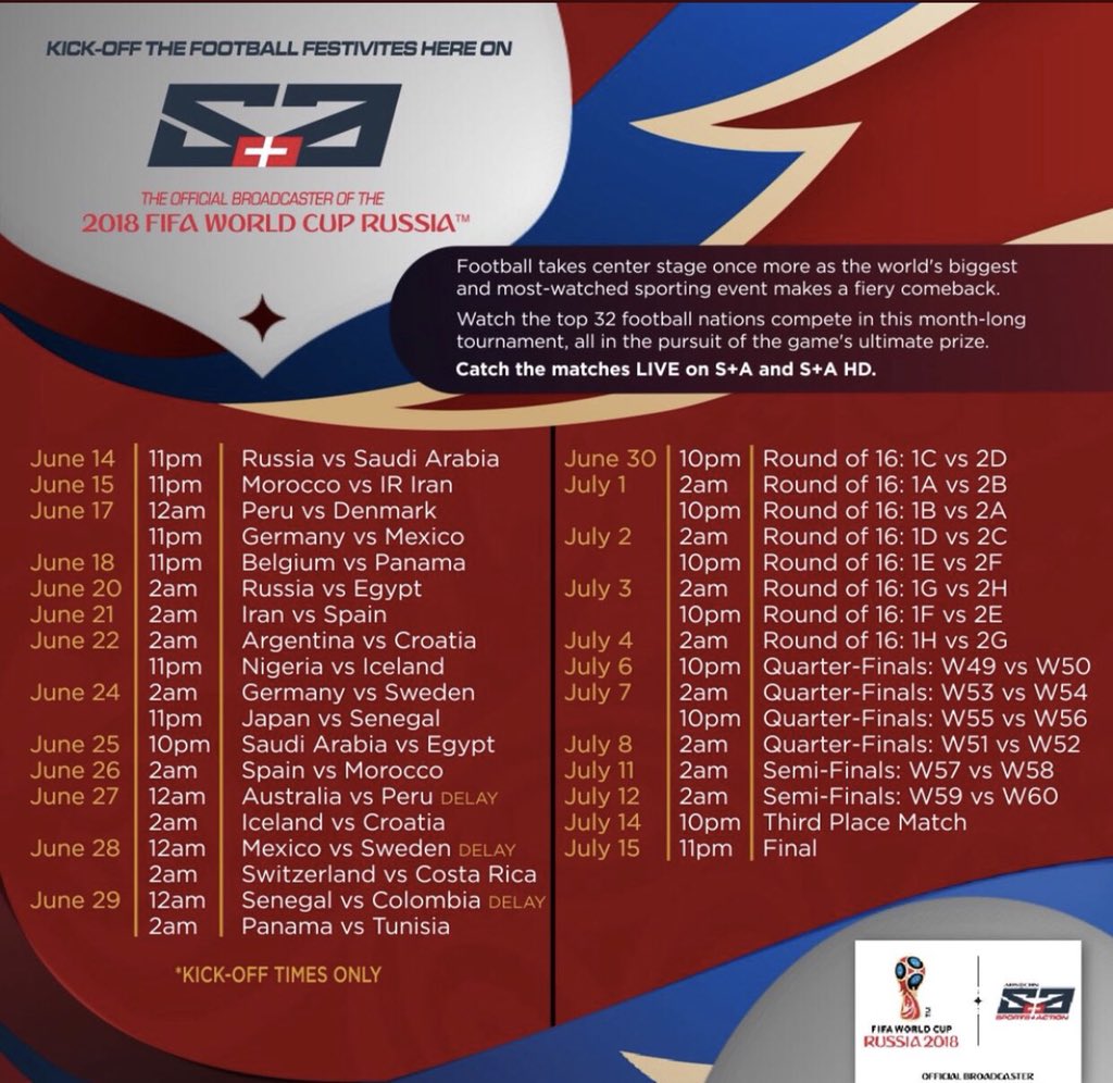 Support your teams and catch the 2018 FIFA World Cup on <a href="/abscbnsports/">ABS-CBN Sports</a> — schedule here 👇🏻

Matches are LIVE on S+A and S+A HD!