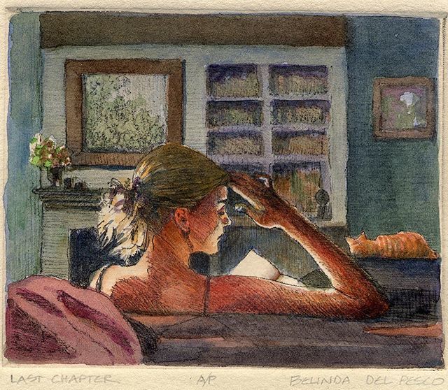 bdelpesco's tweet photo. Miniature art featuring quiet moments with a good book and a napping cat 👌🏽 #intaglio #printmaking #etching #portraitart #watercolor #roomscape #booklovers #catsinart #printityourself #makesomething #illustrateyourlife #readers #artiststudio #smallar… https://t.co/tP9qQbtw5v https://t.co/dWxfFfLUUO