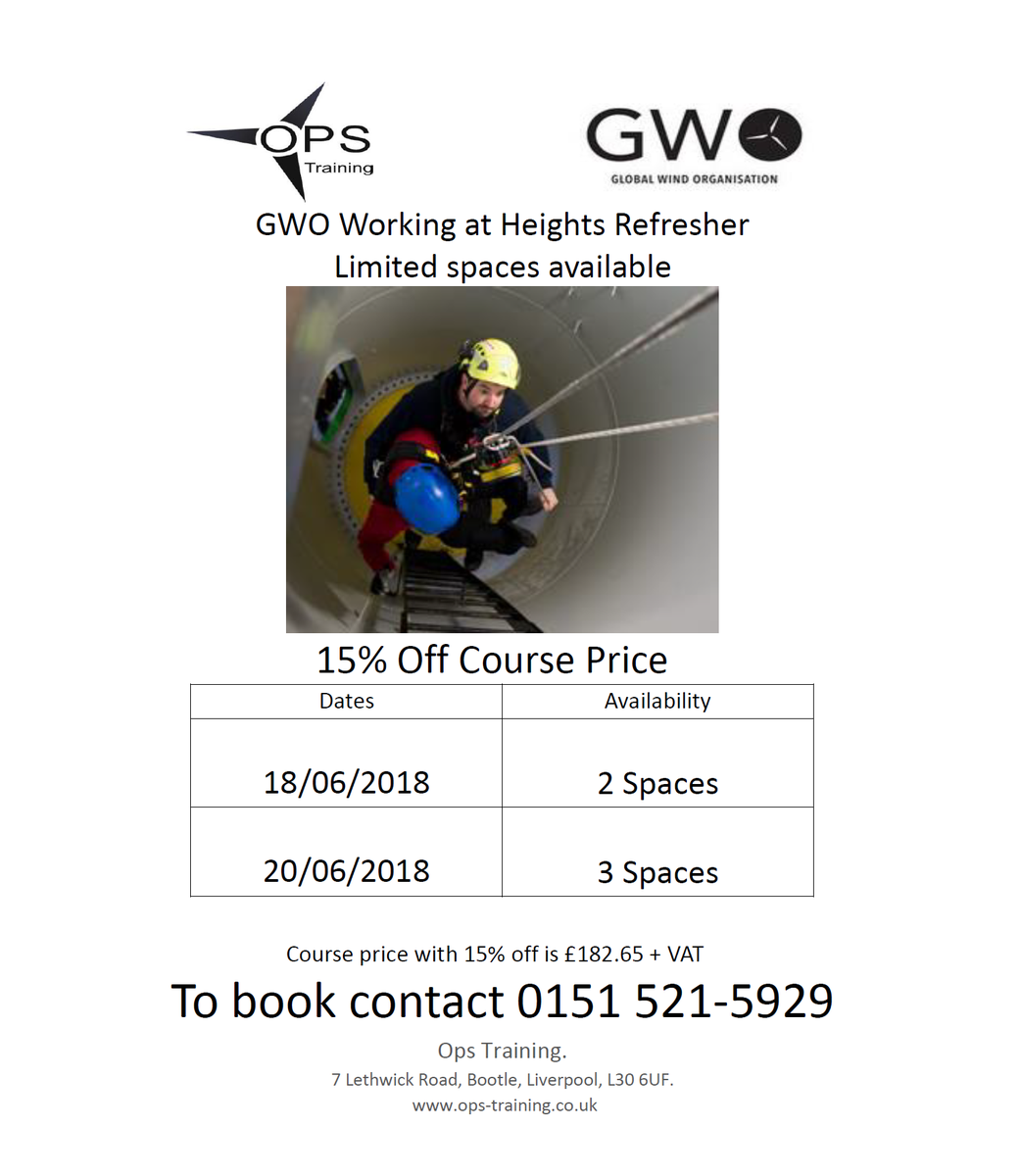 OEG_Training's tweet photo. Limited spacing left for Working at Height Refresher.

15% off course price.

To book call 0151 521-5929

#offfshore #offshorewind #Training #Trainingcourses https://t.co/dfoUGFgQmp