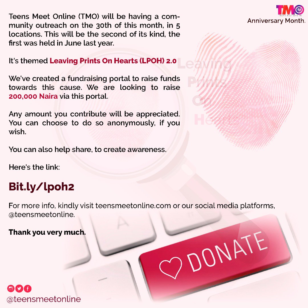 teefaithy's tweet photo. Please help! 

@teensmeetonline will be having a community outreach on the 30th of this Month in 5 locations, and we are far behind our budget, 200K 👇 

Locations: Lagos, Owo-Ondo, Ile-Ife, Ogbomoso Nigeria, &amp; The Gambia. 

To donate: https://t.co/cos1Fw5QXU

Please help RT 🙏 https://t.co/d1zXA6zHBU