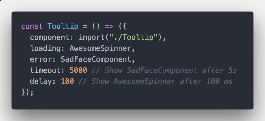 alexjoverm's tweet image. Tip: in @vuejs you can apply easily code splitting and lazy loading to components, but even you can define components to show while loading or error and customise its behaviour