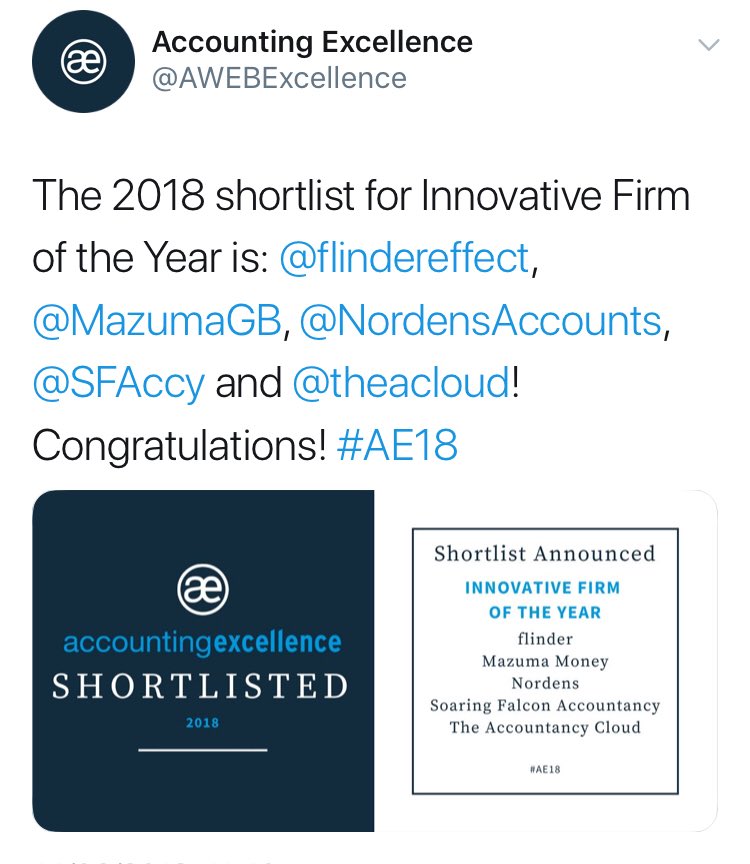 We made the shortlist of ‘Innovative firm of the Year’ 2018! - along with excellent contenders ... oooohhh. <a href="/AWEBExcellence/">Accounting Excellence</a> <a href="/ACCA_UK/">ACCA UK</a> .. we are as proud as ever to be on this line up !!