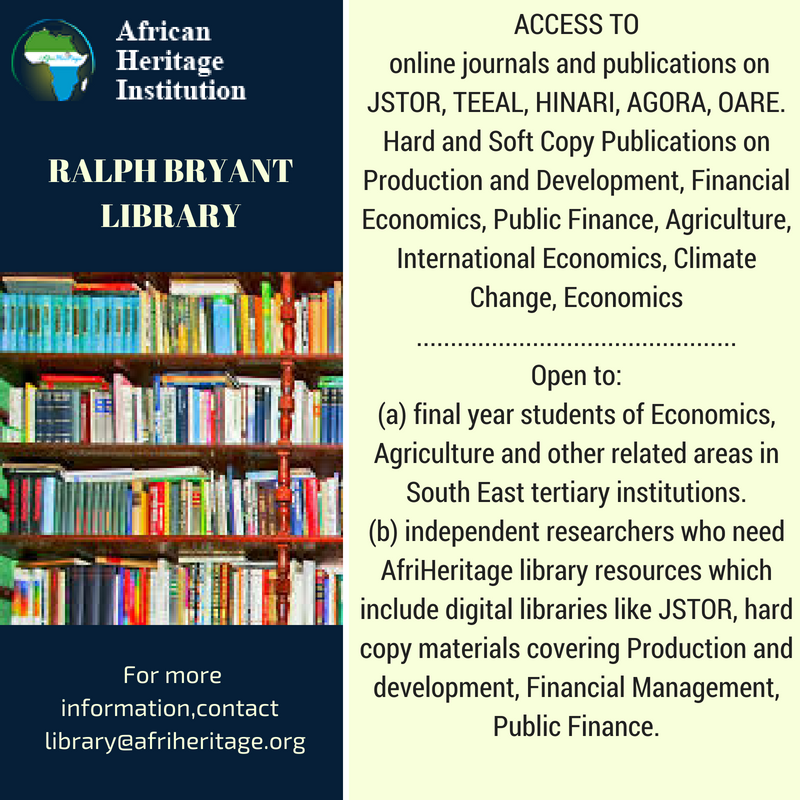 Afri_heritage's tweet photo. Looking for resources to aid your research publications? Visit our library and get access to over 6000 research materials (textbooks and journals)  covering Economics, Agriculture, Politics and Climate Change. You can also get  access to  JSTOR and TEEAL in our library. https://t.co/YxXVmUZWwL