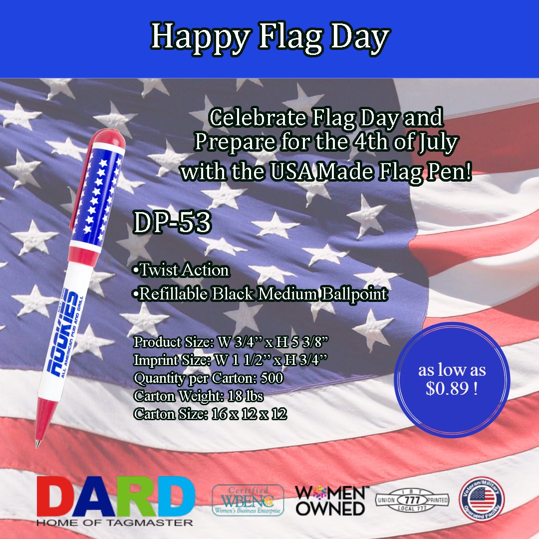 Happy Flag Day! Check out our DP-53 USA Made Flag Pen and be prepared for the 4th of July! #FlagDay2018 #FlagDay dardproducts.com/product-detail…