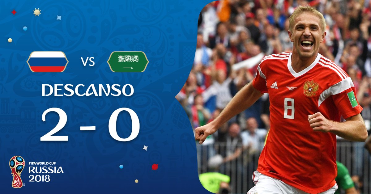 #RUS 2-0 #KSA

¡Terminó la primera mitad!

El anfitrión se va a descansar con la ventaja en el marcador. 

¿Tus pronósticos para la segunda mitad? 🤔

#Rusia2018 #RUSKSA
➕