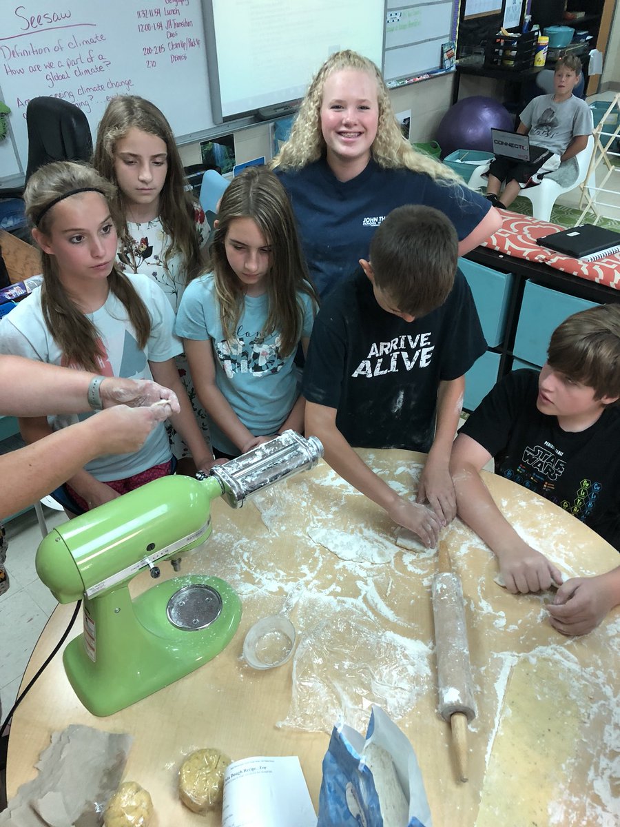 tharris1214's tweet photo. Today @jtsdnixa @nixaschools as a class we made our own pasta to go with our tomatoes we canned from the fall. We also had a fresh salad from our school garden. #STEAMazing #schooltotable #cookingtogether https://t.co/ovSNRKXHa2