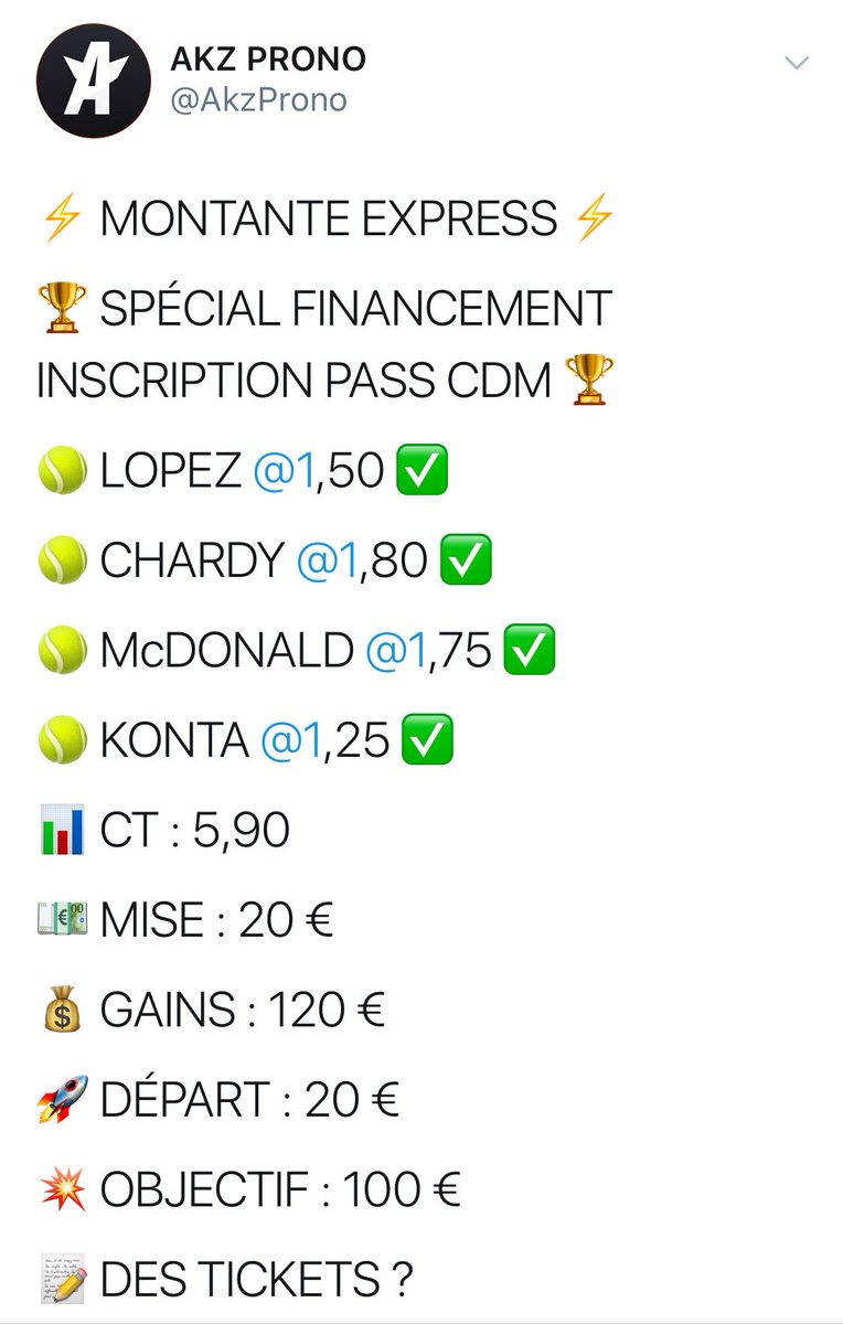 AkzProno's tweet image. BOOM ON VALIDE LA MONTANTE EXPRESS SPÉCIAL FINANCEMENT POUR LE GROUPE PRIVÉ CDM ET ON ENCAISSE 120 € DONT LES 20 € PERDUS HIER QUI SONT REMBOURSÉS ! 🔥

N’HÉSITE PAS À REJOINDRE LE GROUPE PRIVÉ CDM, VIENS DM POUR T’INSCRIRE 💪

250 RT &amp;amp; FAV POUR UNE PROCHAINE MONTANTE ♻️❤️