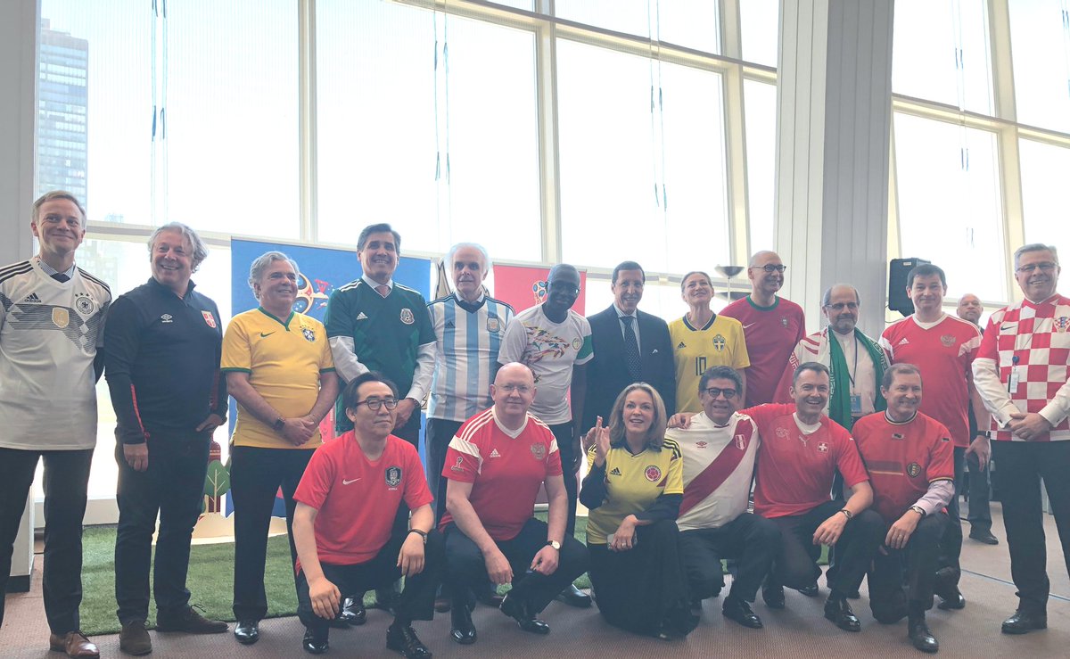 AShingiro's tweet photo. #Worldcup2018Russia kicks off at the @UN! Ambassadors from the participating countries put their jerseys on &amp; gathering for the opening ceremony at the @UN #DelegatesLounge. Good luck to all &amp; may the best win! We all believe in the real link between sport, peace &amp; development https://t.co/yD6TOa8ZFy
