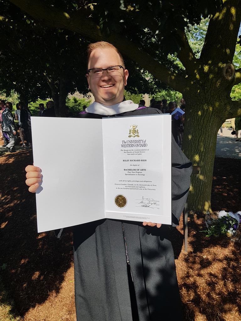 So very proud of this young man! <a href="/triplerman/">Riley Rier</a> receiving his Bachelor of Arts in Sociology from <a href="/WesternU/">Western University</a> 
Now he is heading for his Masters Degree in September!