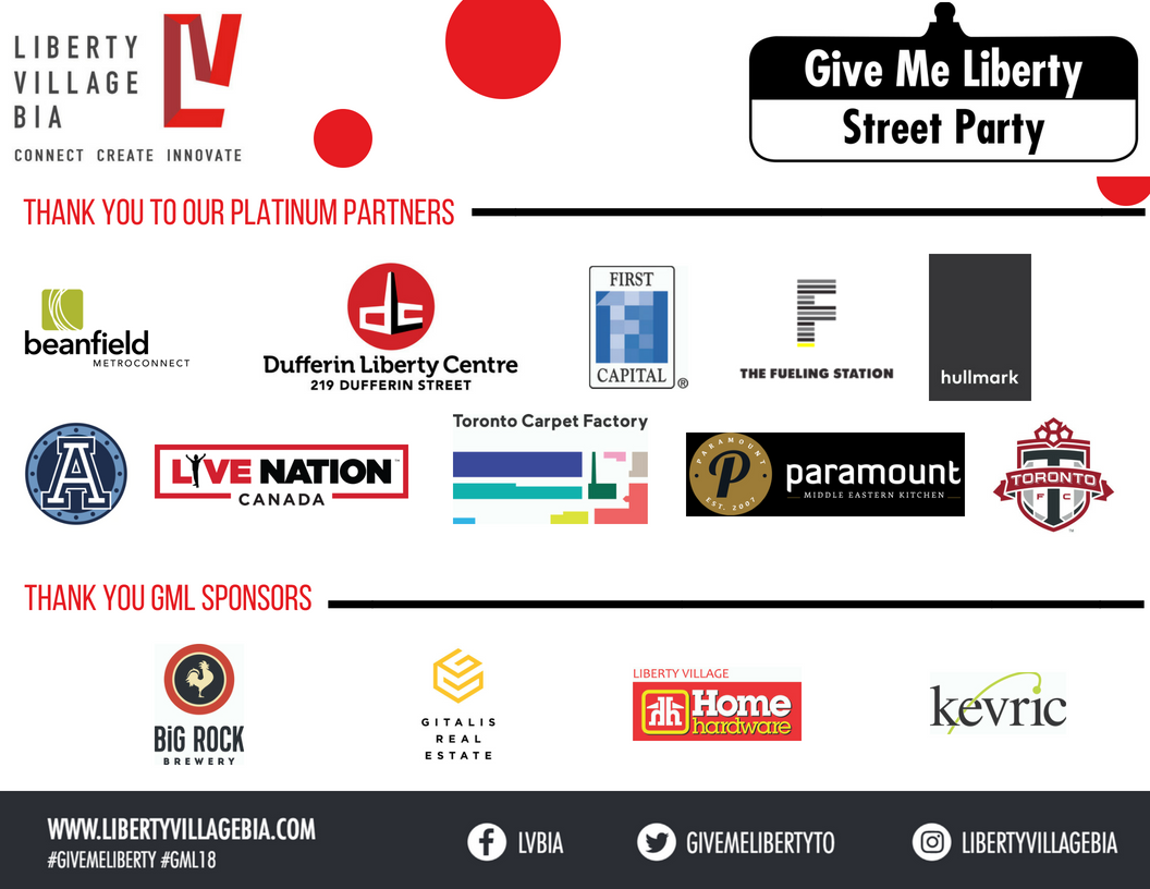 GiveMeLibertyTO's tweet photo. Today is #GiveMeLiberty 2018!🎉🎈🌞
Thank you our amazing sponsors! @beanfield @LiveNationON #DufferinLibertyCentre #FirstCapitalRealty @TheFuelingStn @ParamountFoods #hullmark @TorontoArgos @torontofc #GitalisRealEstate #TorontoCarpetFactory #Kevric #homehardware @BigRockBrewery https://t.co/kb9cznE4Es