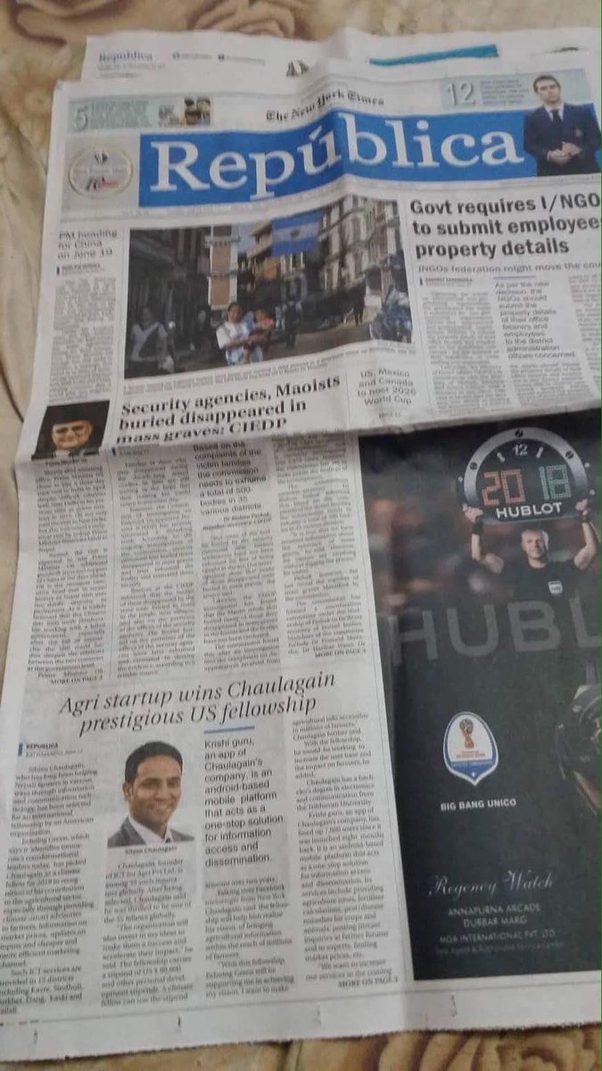 Sibjan's tweet photo. Nepal's largest Newspaper @RepublicaNepal Covers in front page about my Fellowship in @echoinggreen . Thankyou everyone and for everything :) https://t.co/9UW0dh5TxG