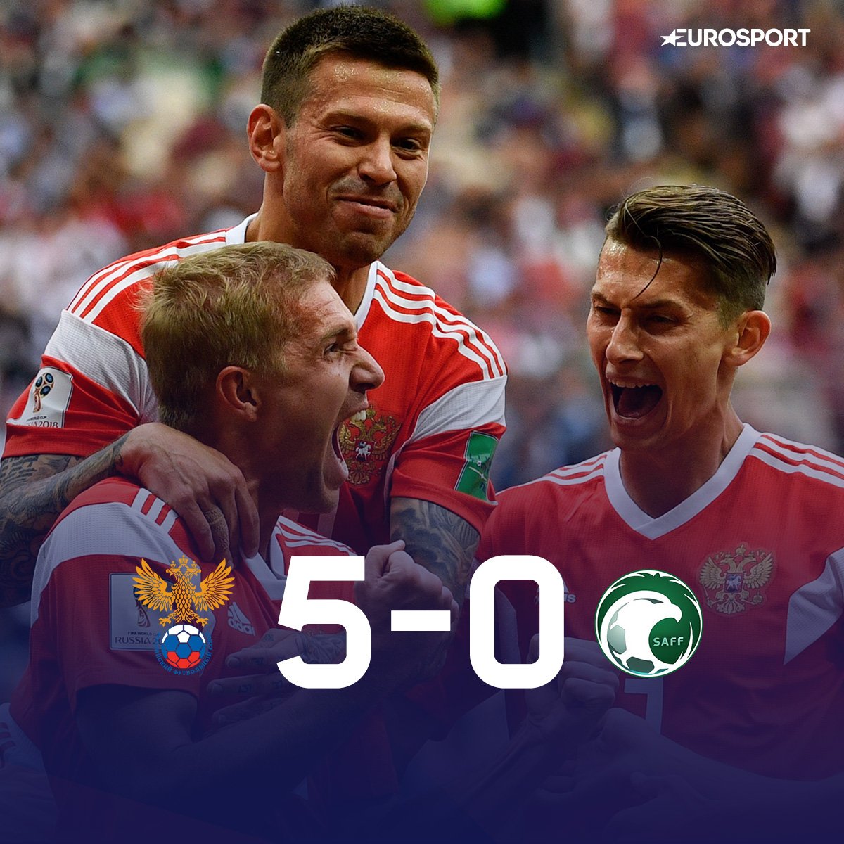Eurosport_FR's tweet photo. ICI C'EST LA RUSSIE ! Carton pour le pays hôte face à l'Arabie Saoudite (5-0) dans le 1er match de cette Coupe du monde 💪 #CM2018 #RUSKSA https://t.co/8e1TQrJ71O