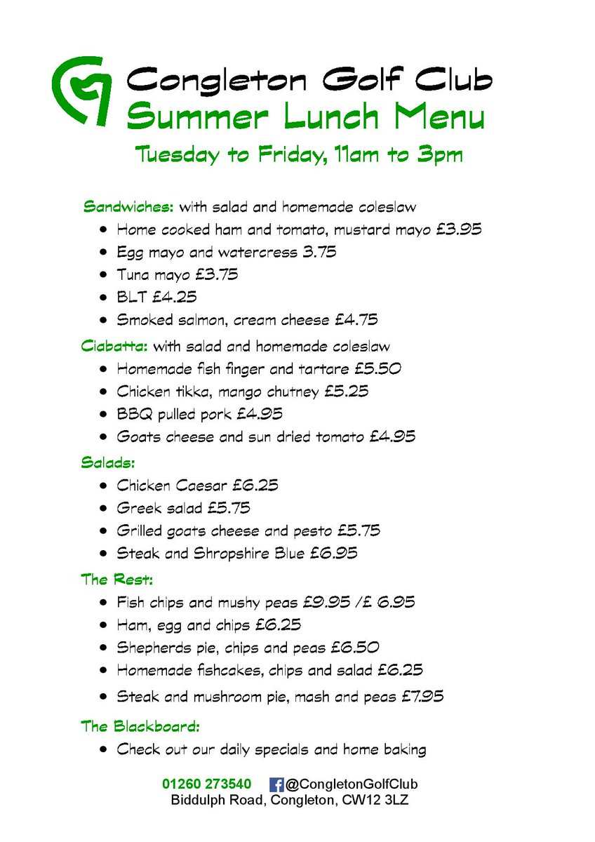 CongletonGolf's tweet photo. Summer Lunch Menu starts from Tuesday 19th June. 🥪🥗There will also be daily specials and home baking options on the black board. The menu is served Tuesdays to Fridays 11am to 3pm. At weekends sandwiches will be available from the bar. (No food on Mondays.) https://t.co/xe3wMbNcgU