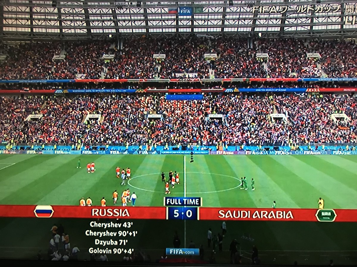 山口みらん 18ロシアw杯 開幕戦 グループa ロシア Vsサウジアラビア 5 ０ 試合終了 開幕初戦は開催国ロシアの勝利 開幕戦の開催国勝利は手堅いのかな グループaはウルグアイとエジプトは強いからここからが重要