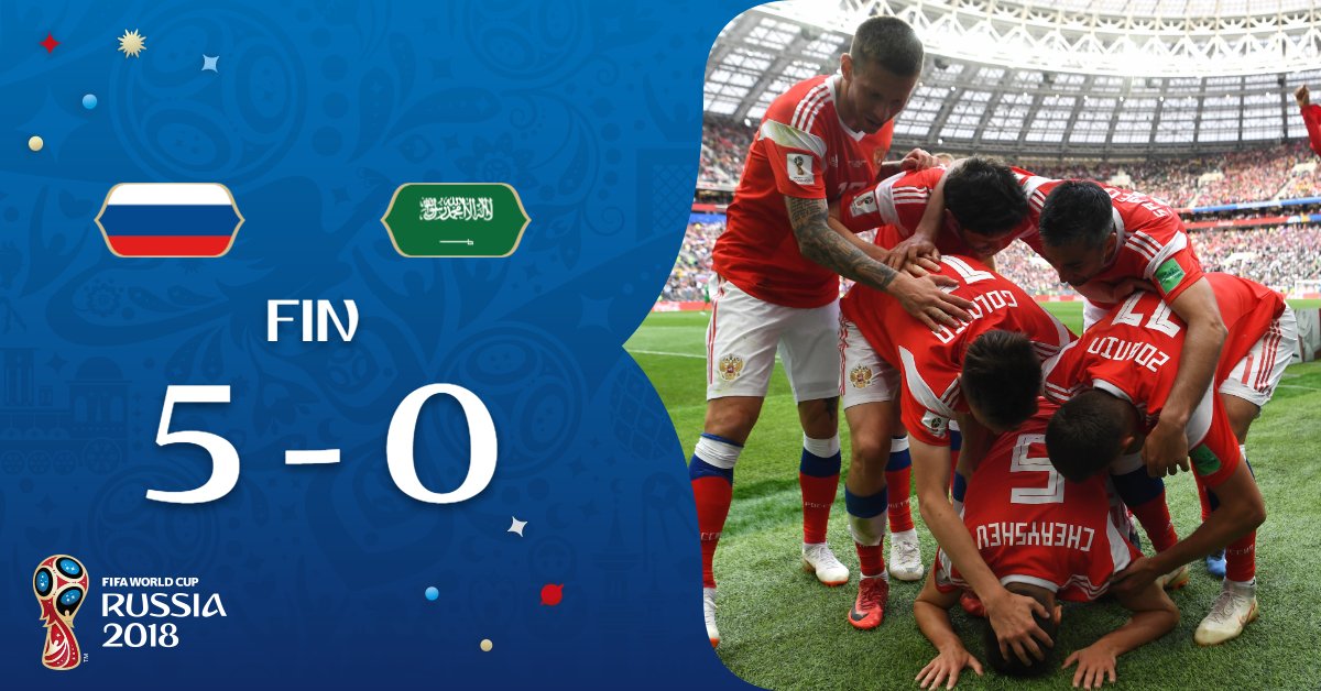 #RUS 5-0 #KSA

¡FINAL! 
#RUS arrancó de la mejor manera y se llevó del Luzhniki Stadium tres valiosos puntos y el aplauso fervoroso de su afición. 👏👏👏

#Rusia2018 #RUSKSA
➕