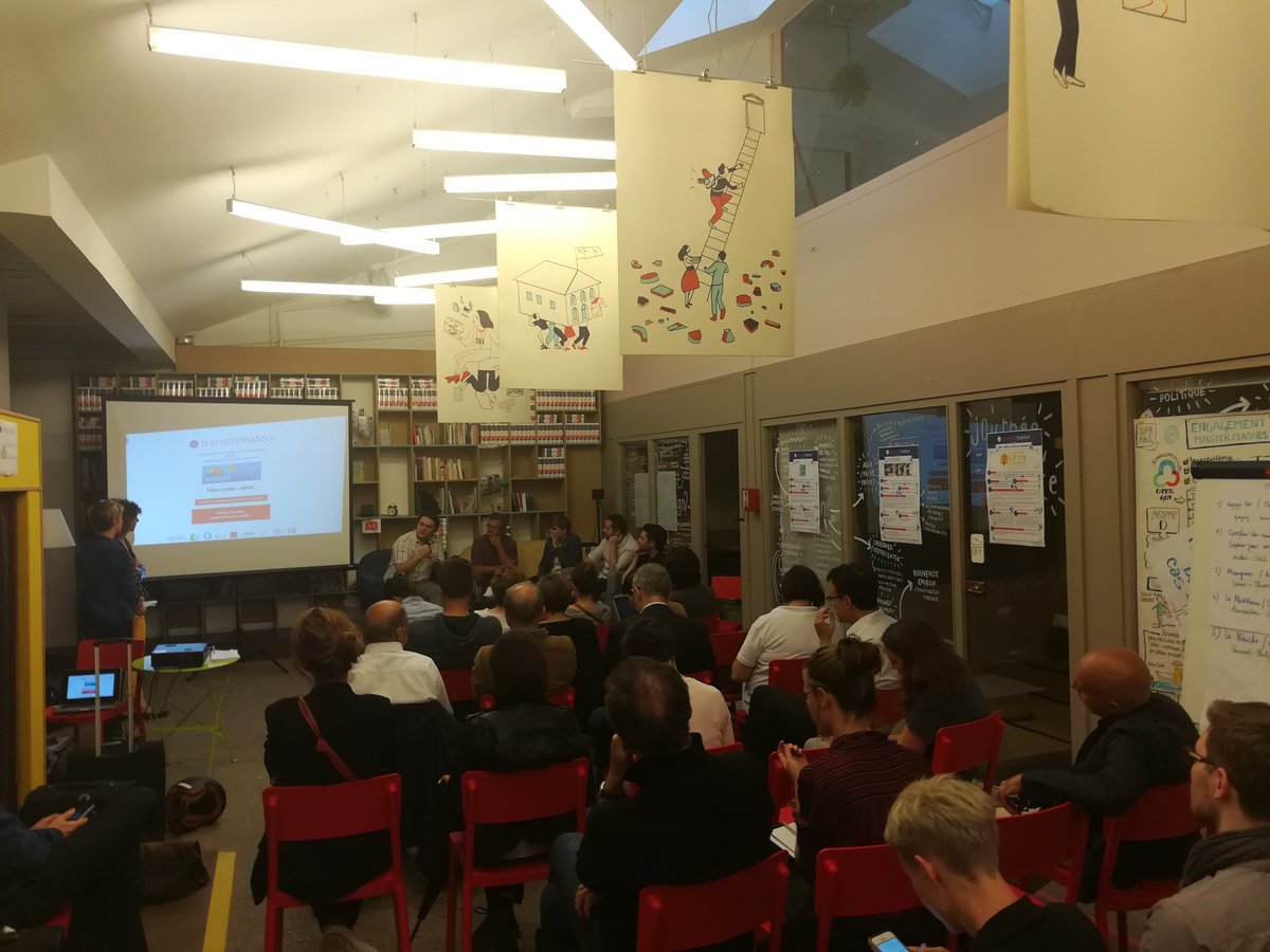 TurbineCoop's tweet photo. Et on enchaîne avec la conférence "communs, travail en commun vers de nouvelles organisations du travail" avec notamment @Calimaq @NicolasLoubet @OrianneLedroit #TransfoNumCommuns https://t.co/OjnOsOg7vL