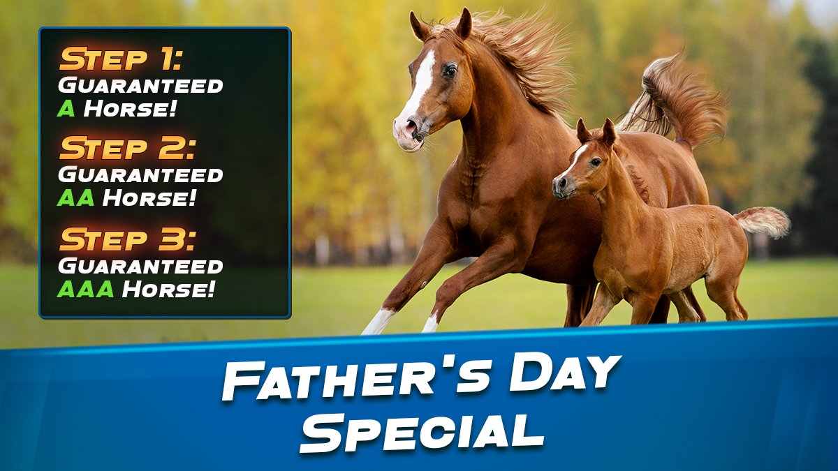 HRM_2019's tweet photo. Each step in this special Father's Day sale guarantees you high tier horses, including the amazing AAA Rank! And for a limited time, drop rates for A-AAA horses are increased! It's definitely time to spend those horseshoes!

#HorseRacingManager2018 #TiltingPoint #mobilegames https://t.co/tFY8EPUFUp