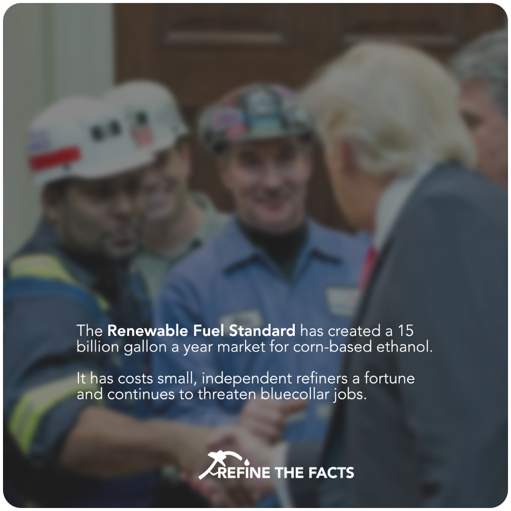 RefineTheFacts's tweet photo. #RFS has created a 15 billion gallon a year market for corn-based #ethanol. It costs small, independent refiners a fortune and threatens the #bluecollar jobs @realDonaldTrump promised to protect. Time to #ReformRFS #RefineTheFacts https://t.co/cfz7iUnyFY