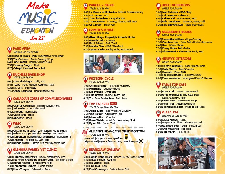 MakeMusic_YEG's tweet photo. Make Music Edmonton 2018 it's 75 performances along the 124st! It's LIVE, it's OUTDOOR and it's #FREE! How could it be any better? Join us on June 21st, from 5 to 9pm!

Presented by @afedmonton

#MME18 #music #yeg @shop124street @ExploreEdmonton https://t.co/4gwPk9lSqA