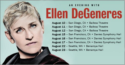TheEllenShow's tweet photo. I’m doing my first standup shows in 15 years. I’m coming to Seattle, San Francisco and San Diego. Come see me. https://t.co/KTmQLV14kl https://t.co/TfLarGG1t3