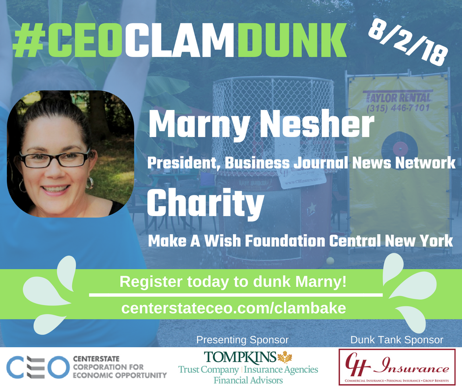 CenterStateCEO's tweet photo. Our first candidate for this year's #CEOClamDunk sponsored by @CH_INS_AGENCY, is Marny Nesher, president of the Business Journal News Network! Register for our annual Clambake today to dunk Marny! https://t.co/PaKoez4V37 https://t.co/Ra6kZKMTX3