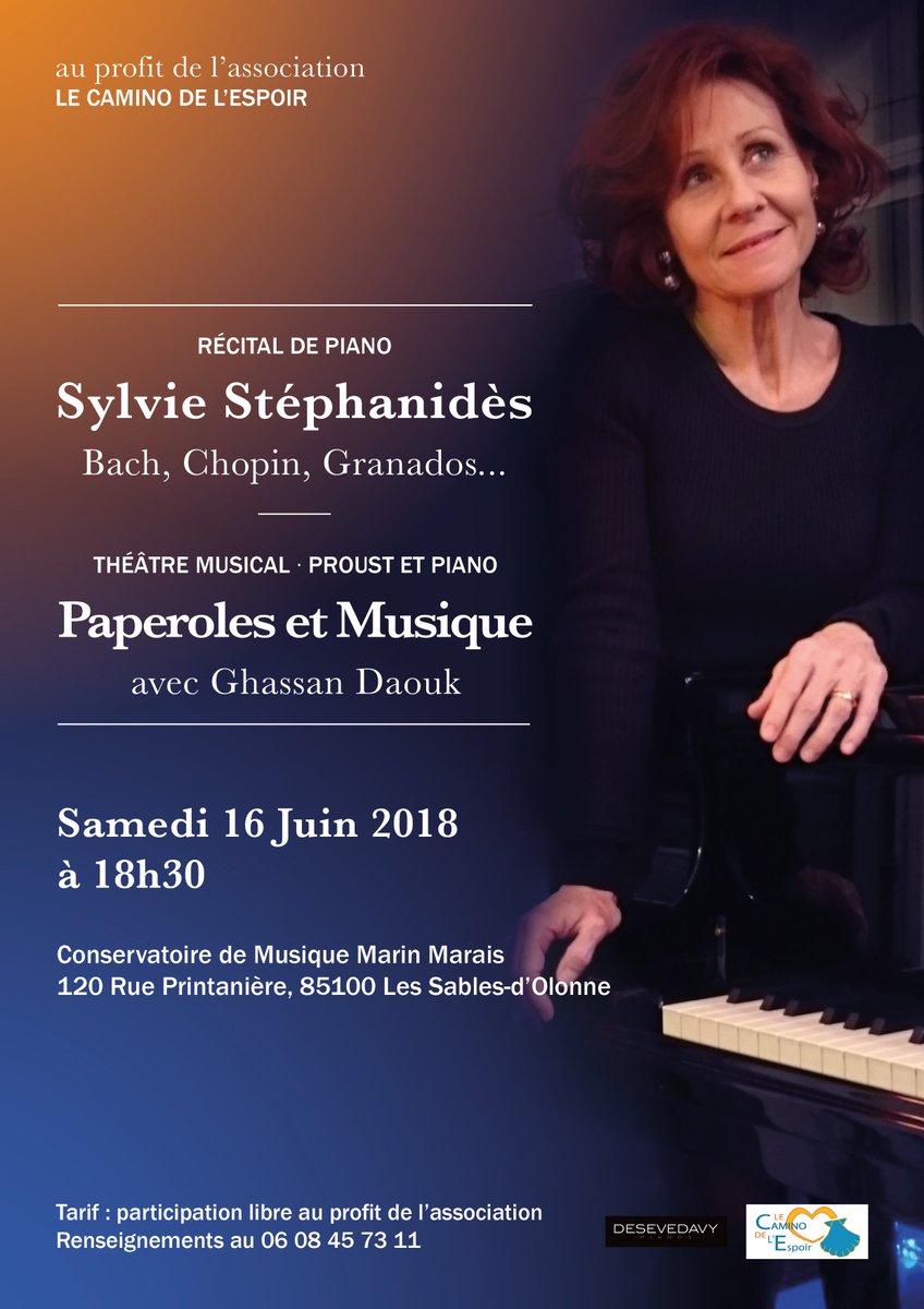 PianosDeLete's tweet photo. @LSOAgglo Samedi 16 juin au profit de Le Camino De L'Espoir Récital de piano suivi d'un spectacle de théâtre musical: Proust et Piano. 
A 18h30 au Conservatoire des Sables d'Olonne. https://t.co/axfEEIVOFz