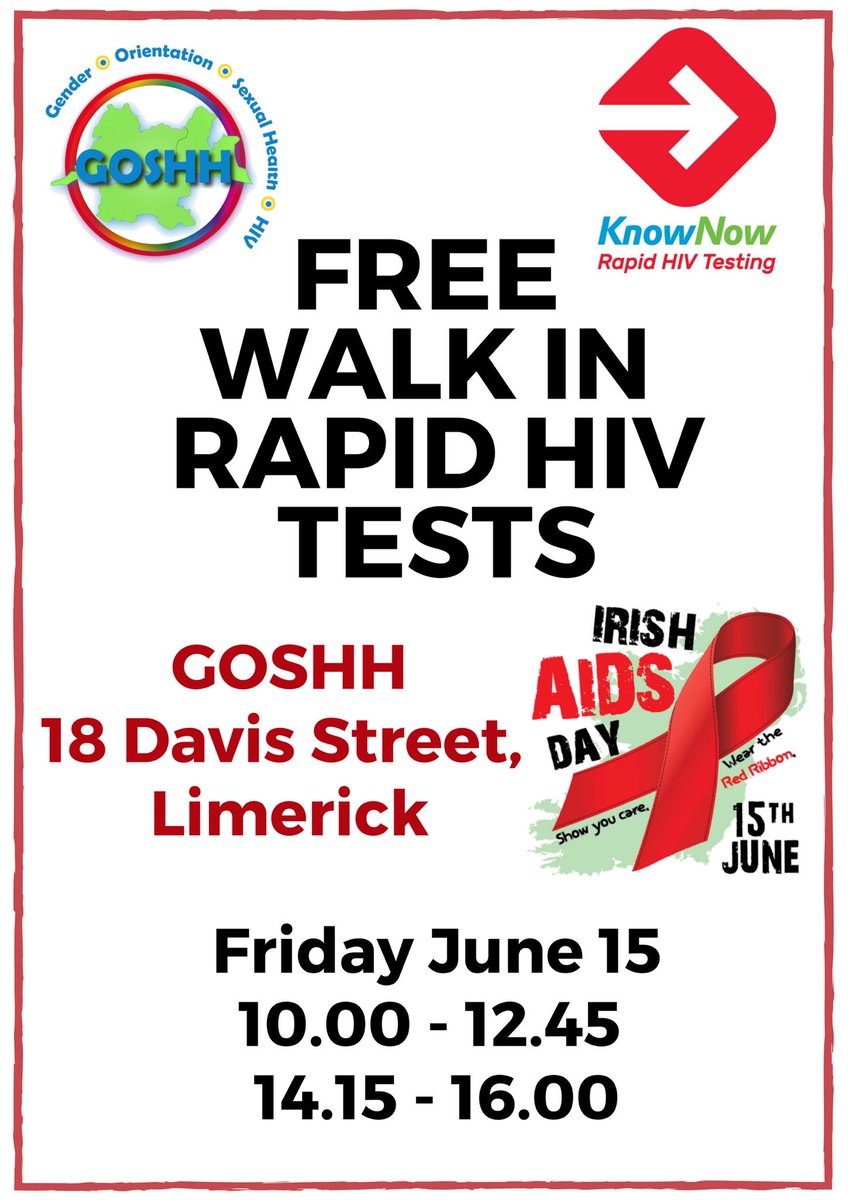 GOSHHirl's tweet photo. If you have made a #PledgeToTest as part of the @KnowNowIE campaign for #IrishAIDSDay you can avail of a free walk in #RapidHIVTest tomorrow at GOSHH.
No appointment needed & results in 60 seconds.
Spare a minute to update your status.
#IAD18 #HIVtesting https://t.co/xuXAQTjlTd