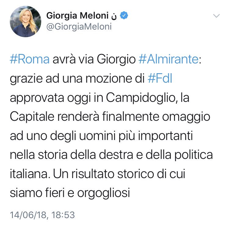 Io ormai non mi dovrei stupire. Dovrei essere un cinico cittadino di questa città e fare spallucce. Eppure questa notizia mi sembra l’ennesimo sfregio alla memoria. Almirante era un fascista collaborazionista dei nazisti. Perché dovremo tenerci una strada a lui intitolata?