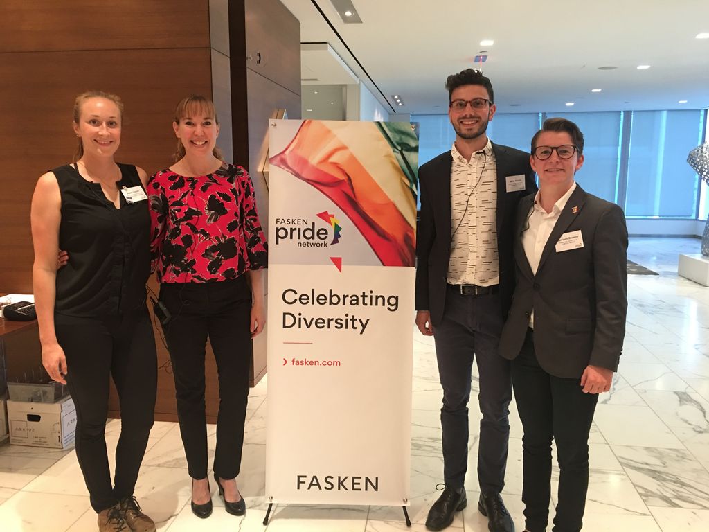 FaskenLaw's tweet photo. Our guests speakers, @JillianSvensson, @rozapoza, @Hbrowne24 & Jamie Bissett are ready for the #FaskenPrideNetwork seminar on issues affecting #LGBTQ athletes, & the important work being done to challenge stereotypes & foster inclusion. #PrideMonth2018 #Toronto #PrideMonth https://t.co/zLmoJbygrt