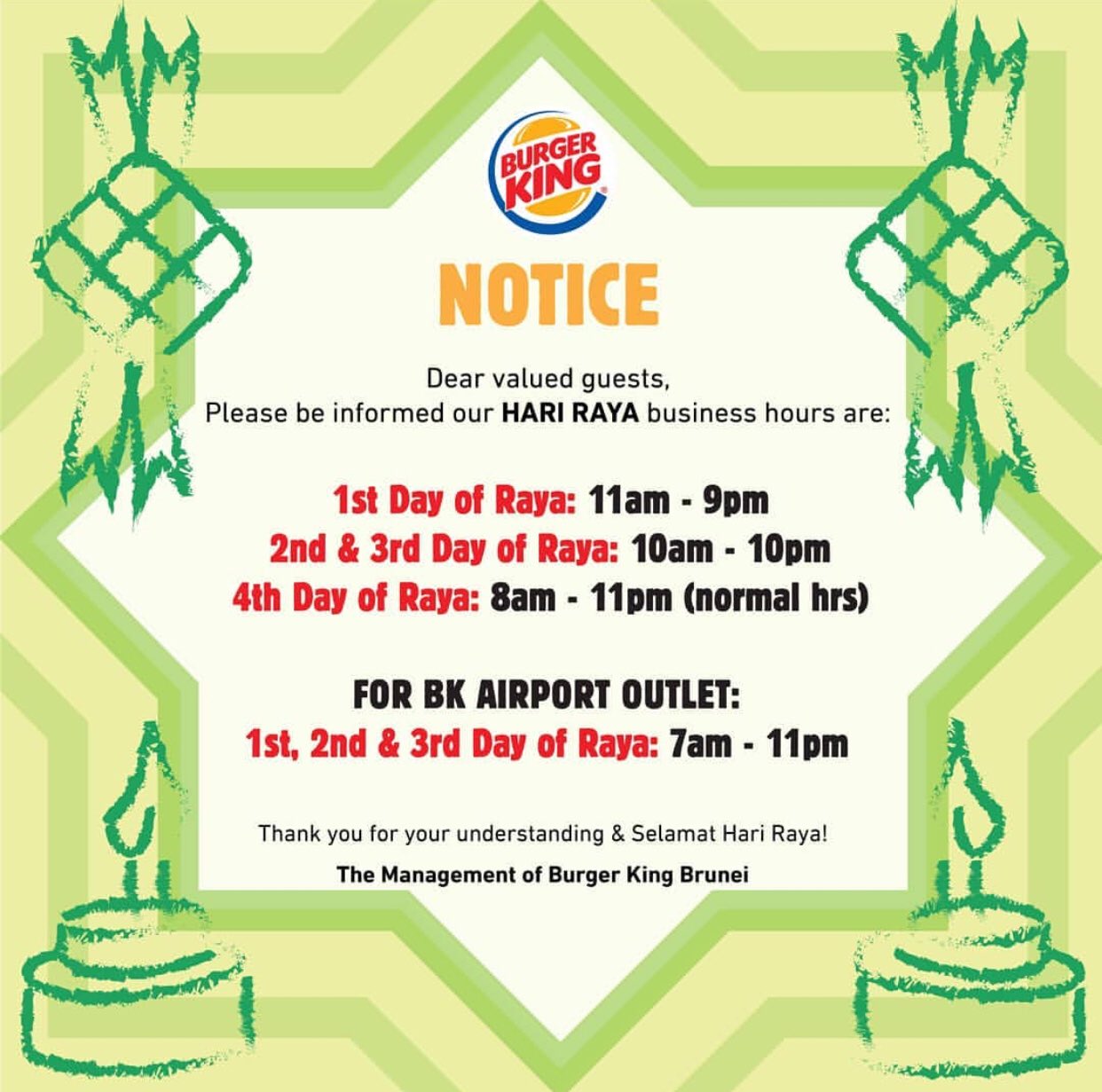Burger King Brunei On Twitter Selamat Hari Raya Aidilfitri Everyone Do Take Note Of Our Business Hours This Raya Drop Any Of Our Burgerking Outlets To Get Your Cravings Satisfied Burgerkingbrunei