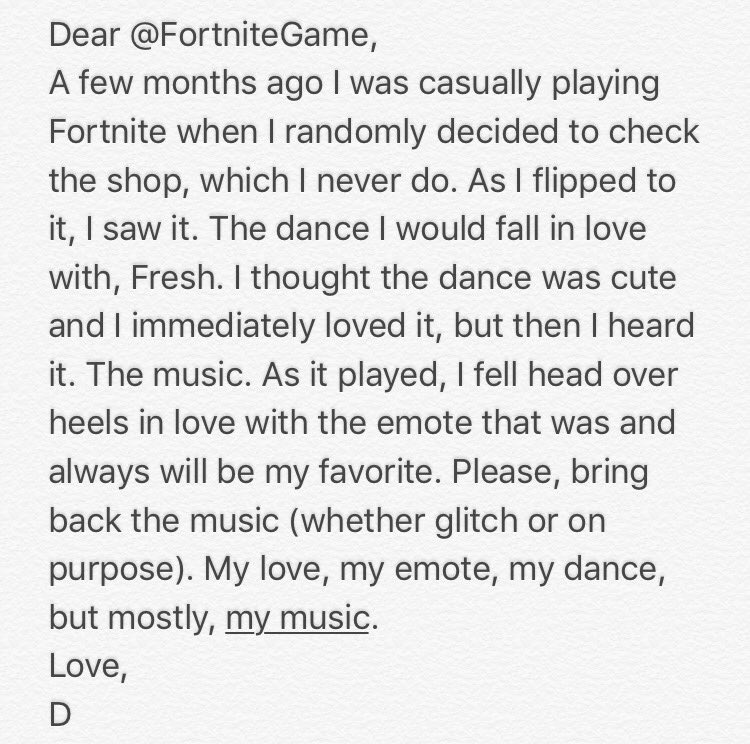 daria_tcg's tweet photo. Dear @FortniteGame @EpicGames @Epic_Shells Please fix my love #freshdance #freshemote #fortnite https://t.co/ggu92m4lIy
