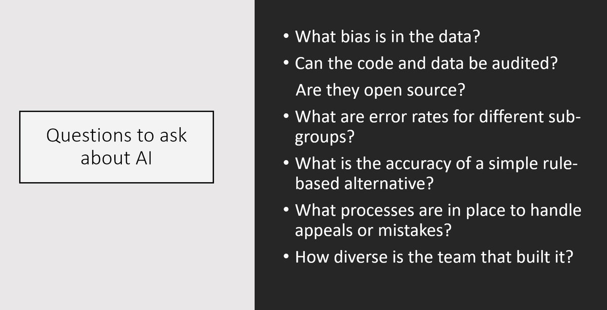 What bias is in the data?
Can the code and data be audited?
   Are they open source?
What are error rates for different sub-groups?
What is the accuracy of a simple rule-based alternative?
What processes are in place to handle appeals or mistakes?
How diverse is the team that built it?
