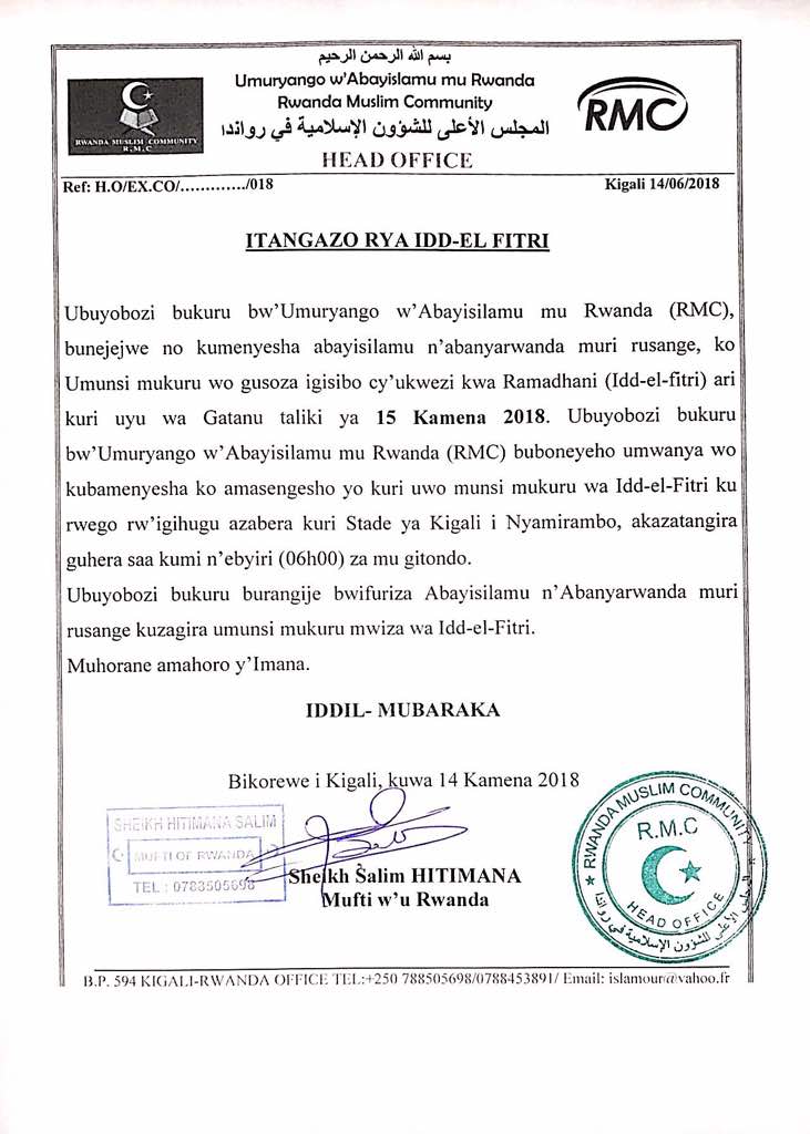 MuftiRwanda's tweet photo. Ubuyobozi bw'umuryango w'abayislam mu #Rwanda buboneyeho kwifuriza umunsi mwiza w'ilayidi kubaslam bose ndetse no kuzishima mu mutuzo n'umudendezo https://t.co/1vuaSP6goc