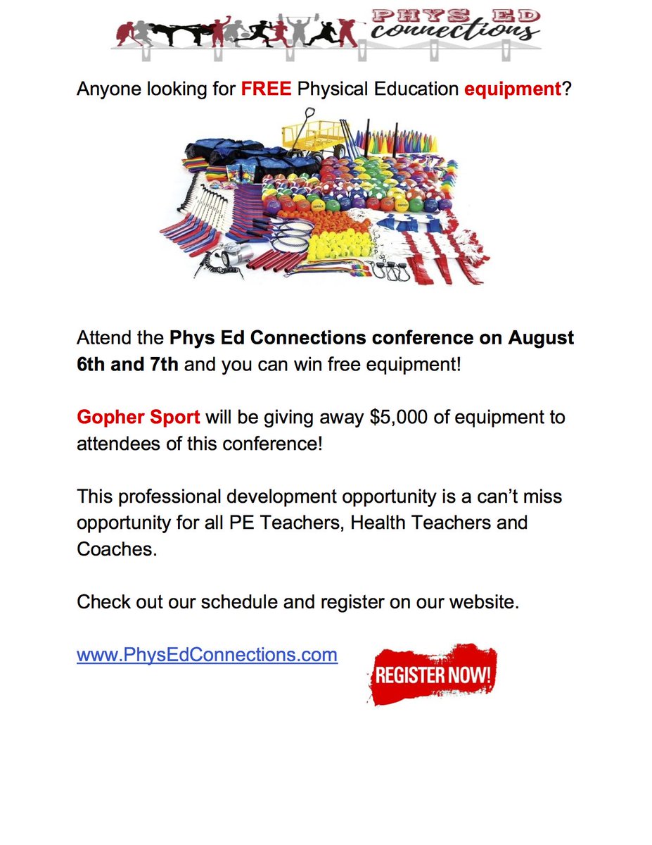 peconnection's tweet photo. #PhysEd &amp; #Healthed teachers enjoy your summer and remember to register for the https://t.co/djGE9RnvUf Conference on August 6th &amp; 7th!  @GopherSport will be giving away $5,000 of equipment. https://t.co/7qsSffYaZa