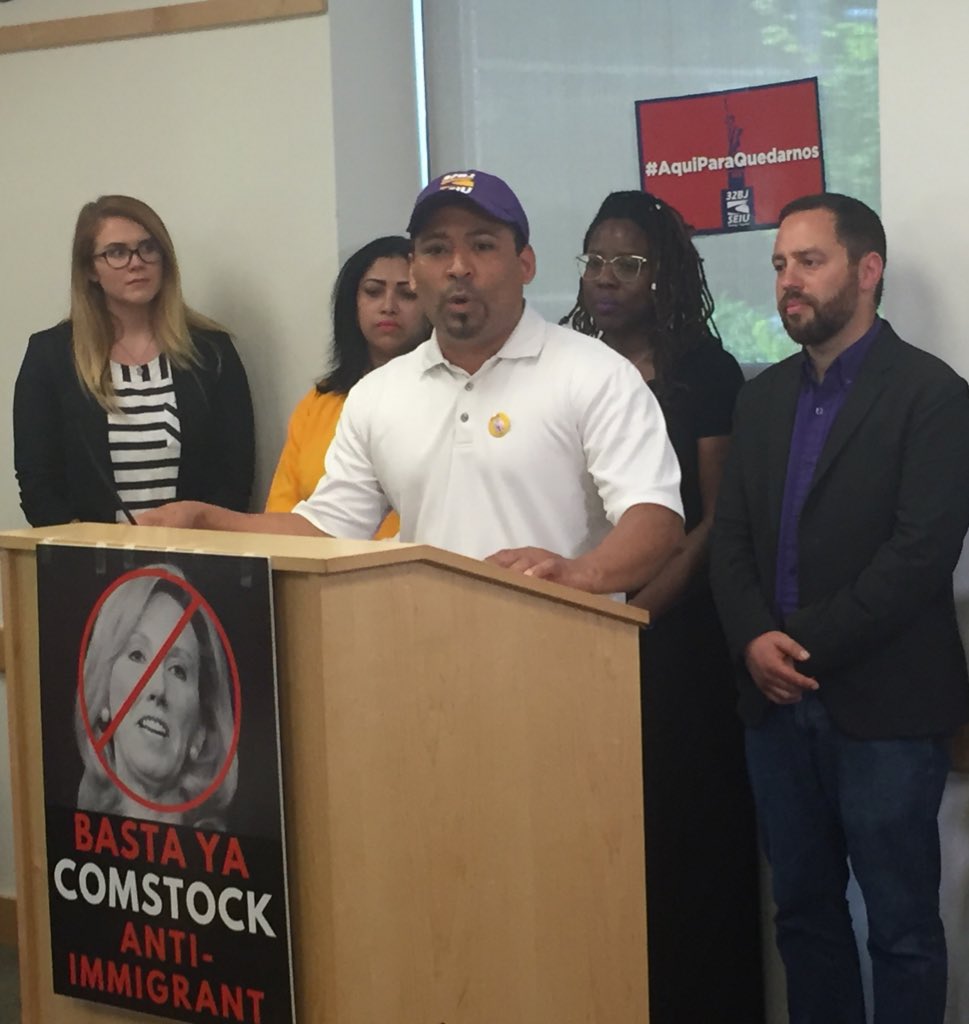 32BJSEIU's tweet photo. “@RepComstock should read the writing on the wall, Trump’s politics of hate have no place in N. Virginia as recent elections have shown,” Jaime Contreras, 32BJ SEIU VP which represents thousands of #TPS holders #StopComstock #VA10 https://t.co/dOS8gZBBad