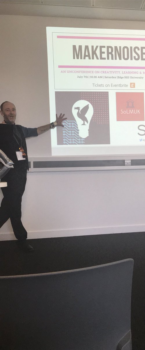 JanetLLunn's tweet photo. Inspirational maker talk by @MarkFeltham666 about enhancing the curriculum to stimulate creativity in learning @SparkPenketh #LJMUTLC18 https://t.co/xDXE7cdNzD