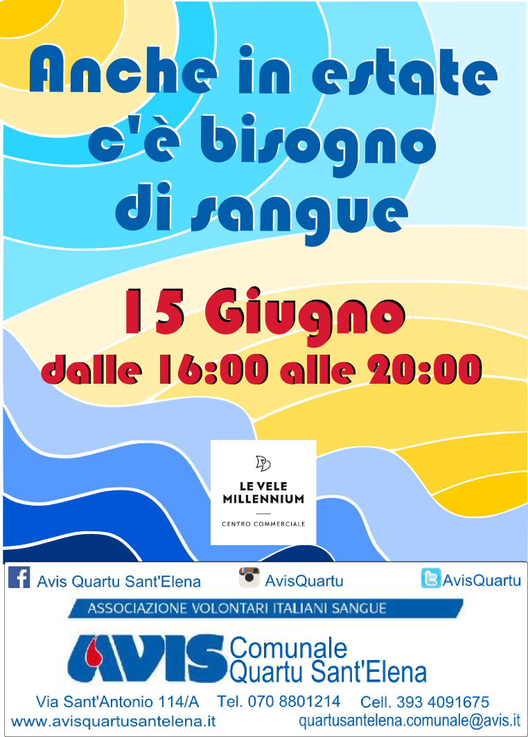 AvisQuartu's tweet image. Come ogni estate si parla di calo di donazioni in estate. Ecco perchè la TUA donazione è più che mai importante adesso!
Passa a donare a #LEVELE VENERDI' 15 GIUGNO ore 16/20
@AVISxLaVITA @VeleeMillennium @shoppinglevele