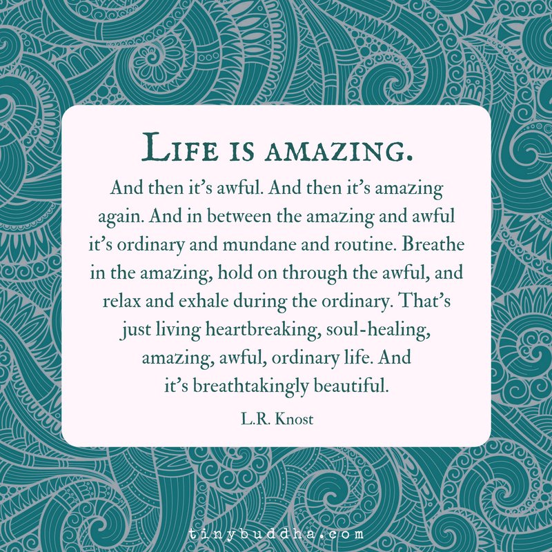 tinybuddha's tweet photo. Life is amazing. Then it's awful. And then it's amazing again. And in-between the amazing and awful it's ordinary and mundane and routine. Breathe in the amazing, hold on through the awful, and relax and exhale during the ordinary. https://t.co/tH6BC6AQTm