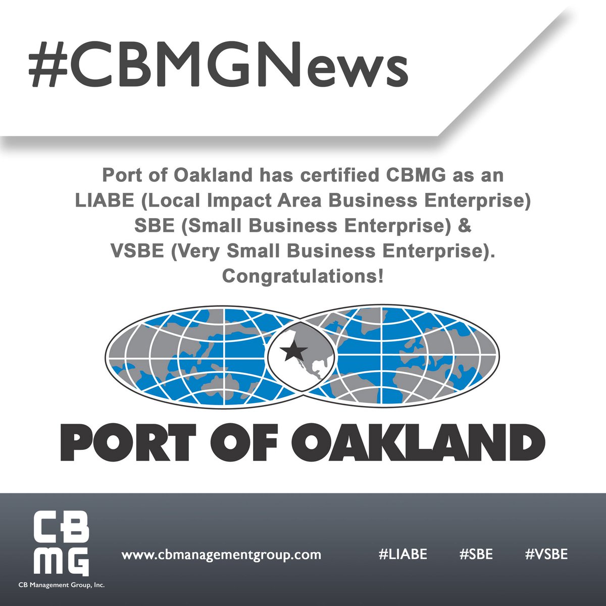 CBManagementGrp's tweet photo. Congratulations CBMG for being certified with the Port of Oakland! #CBMGNews #LIABE #SBE #VSBE #PortofOakland #OaklandSmallBusiness https://t.co/1YBknYyk3u