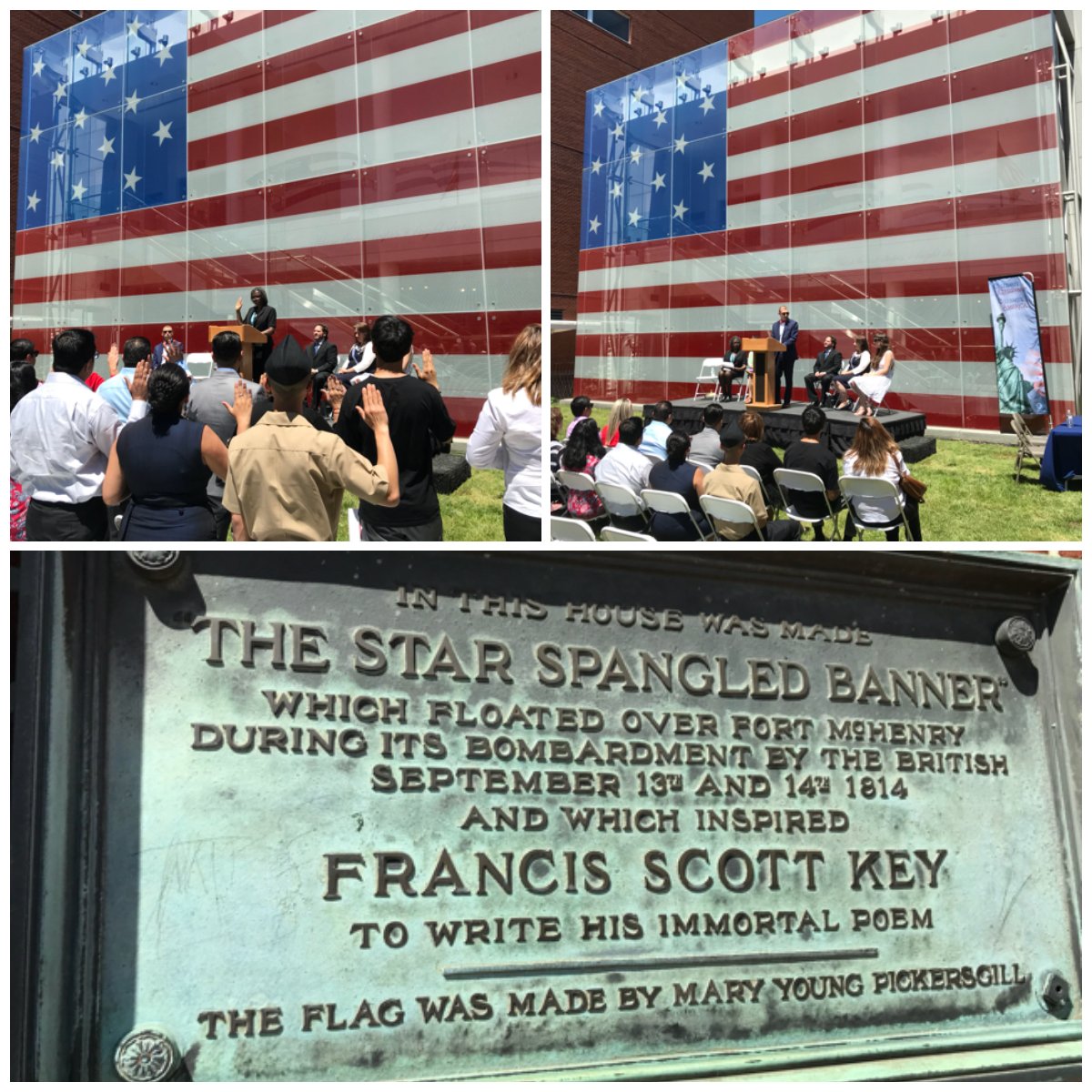 USCIS's tweet photo. We naturalized 28 people from 18 countries today, on #FlagDay, at the historic @SSBFlagHouse. The 15-star, 15-stripe flag sewn at this location was raised over Fort McHenry during the Battle of Baltimore, and was the inspiration for our national anthem. @NatlParkService https://t.co/Ns2LpIssYu
