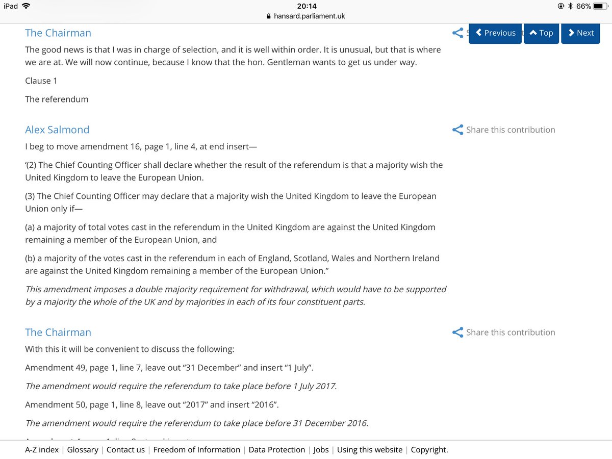 Bellavivat's tweet photo. @arusbridger @JamesTurner37 Alex Salmond’s Amendment 16 (calling for a majority vote in each of England, Scotland, Wales and NI) to the Referendum Bill, was rejected in the debate almost precisely 3 years ago (16 June 2015) *on the basis* that it did “not make sense” because the referendum was advisory only https://t.co/B87CAlFEgc