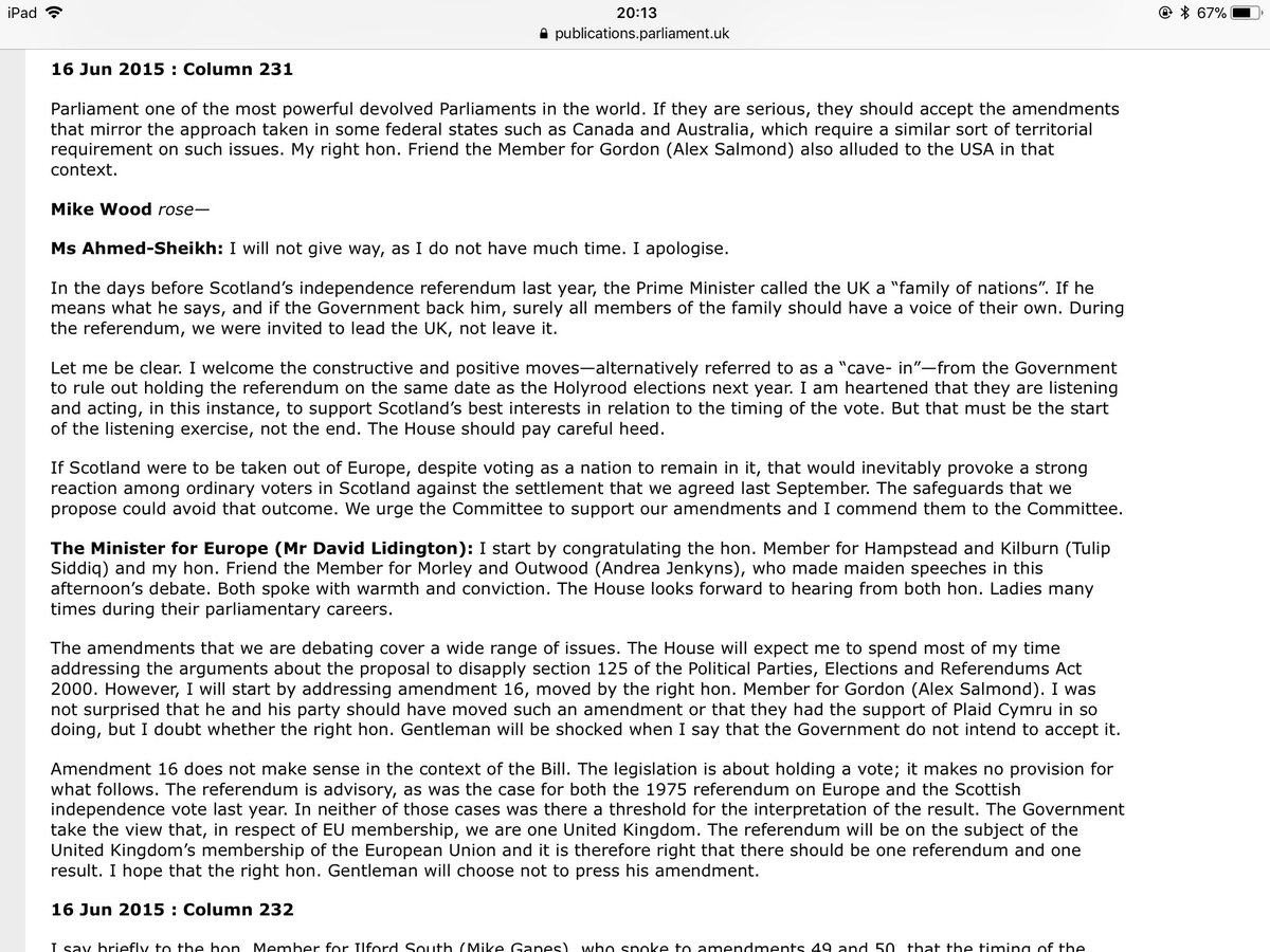 Bellavivat's tweet photo. @arusbridger @JamesTurner37 Alex Salmond’s Amendment 16 (calling for a majority vote in each of England, Scotland, Wales and NI) to the Referendum Bill, was rejected in the debate almost precisely 3 years ago (16 June 2015) *on the basis* that it did “not make sense” because the referendum was advisory only https://t.co/B87CAlFEgc