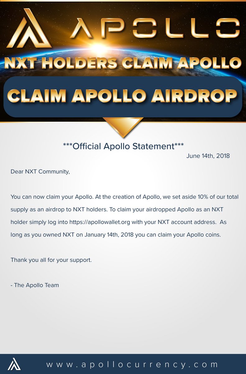 If you are an NXT holder you can claim your Apollo coins now!  https://t.co/VuCseufnjf #Apollonauts #apl #crypto #coin #currency  #apollocurrency #apollo #olympusprotocol