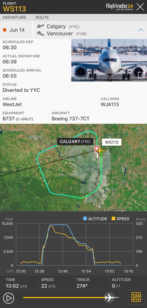 TomPodolec's tweet photo. Update
Westjet #WS113 to Vancouver returned to Calgary this morning.
Mayday issued when crew received a fire indication in the aft cargo hold. Fire extinguisher deployed. No injuries. A passenger’s fire damaged bag found.
Transportation Safety Board investigators deployed. https://t.co/AIf5nvj0nc