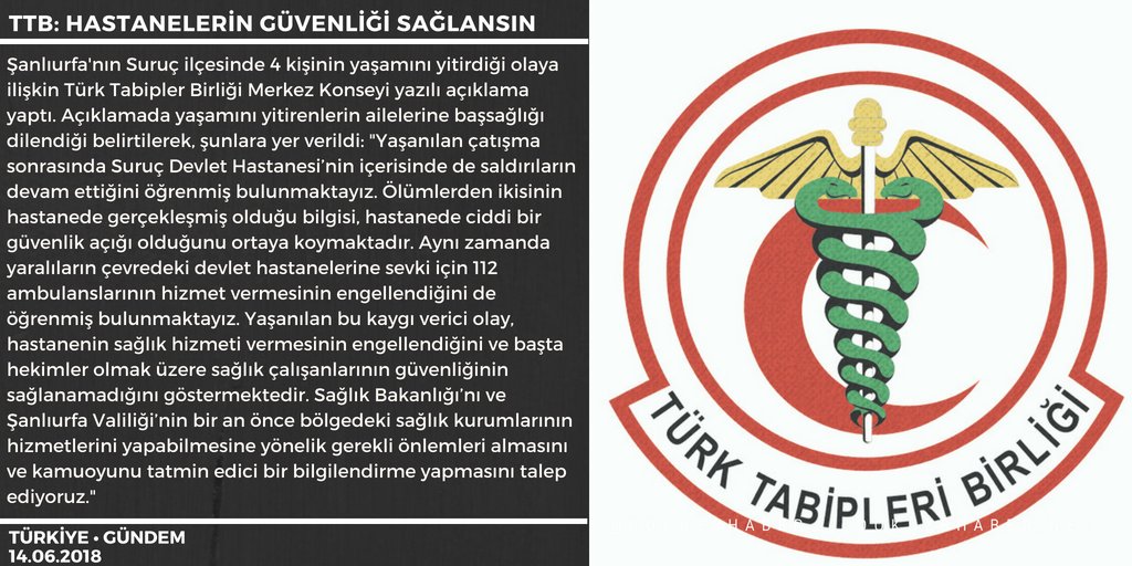 Şanlıurfa'nın Suruç ilçesinde 4 kişinin yaşamını yitirdiği olaya ilişkin Türk Tabipler Birliği Merkez Konseyi yazılı açıklama yaptı.