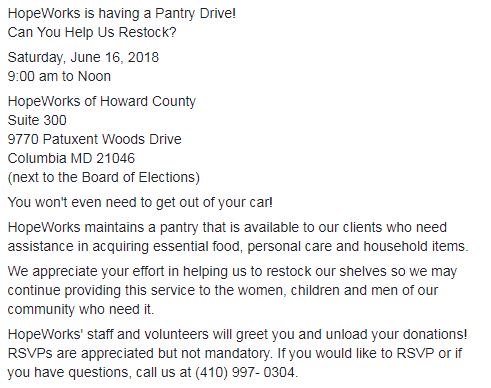 HopeWorksofHC's tweet image. HopeWorks is having a pantry drive this Saturday, 6/16. Can you drop by with some much-needed supplies? Check out the details below, and find a list of what we need most here: bit.ly/2JDCtof Thank you!! #wearehopeworks