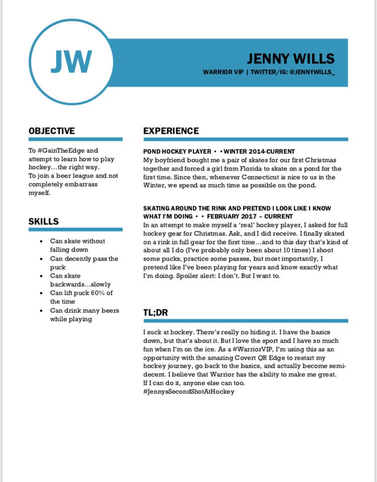 jennygeraci_'s tweet image. Alright guys. This is it. Now that I have the #CovertQREdge I am starting the ‘rebirth’ if you will, of my hockey journey. As an entry-level hockey player, here is my hockey resume. Have a good laugh &amp;amp; follow me on my adventure as a #WarriorVIP
#JennysSecondShotAtHockey