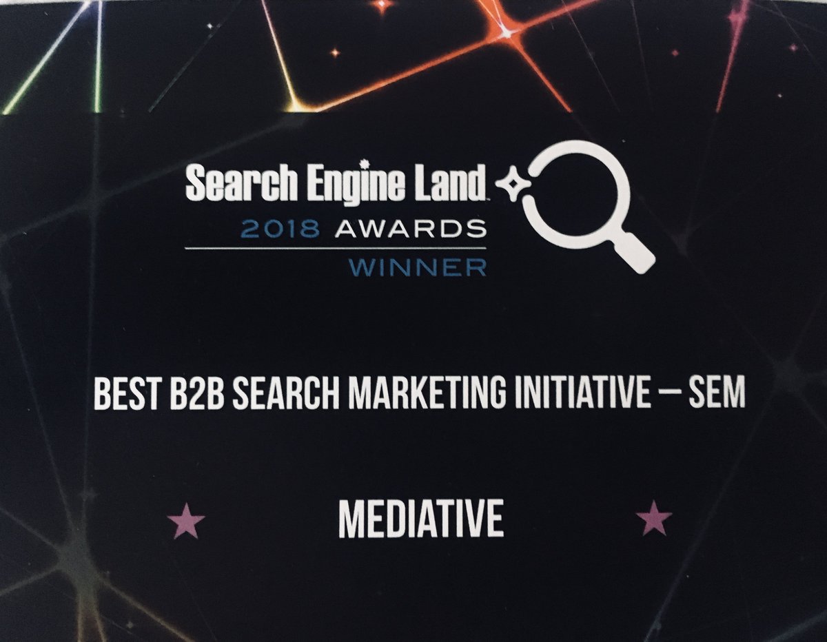 Mediative (@mediative) on Twitter photo We are so proud of our Paid Search team at <a href="/Mediative/">Mediative</a> ! We received the 2018 Search Engine Land award for Best B2B Search Marketing Initiative - SEM. Congrats to the team for delivering an award-winning strategy! <a href="/CarolinaPPC/">Carolina Rivera</a> <a href="/MediativeRaman/">Raman Gill</a> We are so proud of our Paid Search team at <a href="/Mediative/">Mediative</a> ! We received the 2018 Search Engine Land award for Best B2B Search Marketing Initiative - SEM. Congrats to the team for delivering an award-winning strategy! <a href="/CarolinaPPC/">Carolina Rivera</a> <a href="/MediativeRaman/">Raman Gill</a>